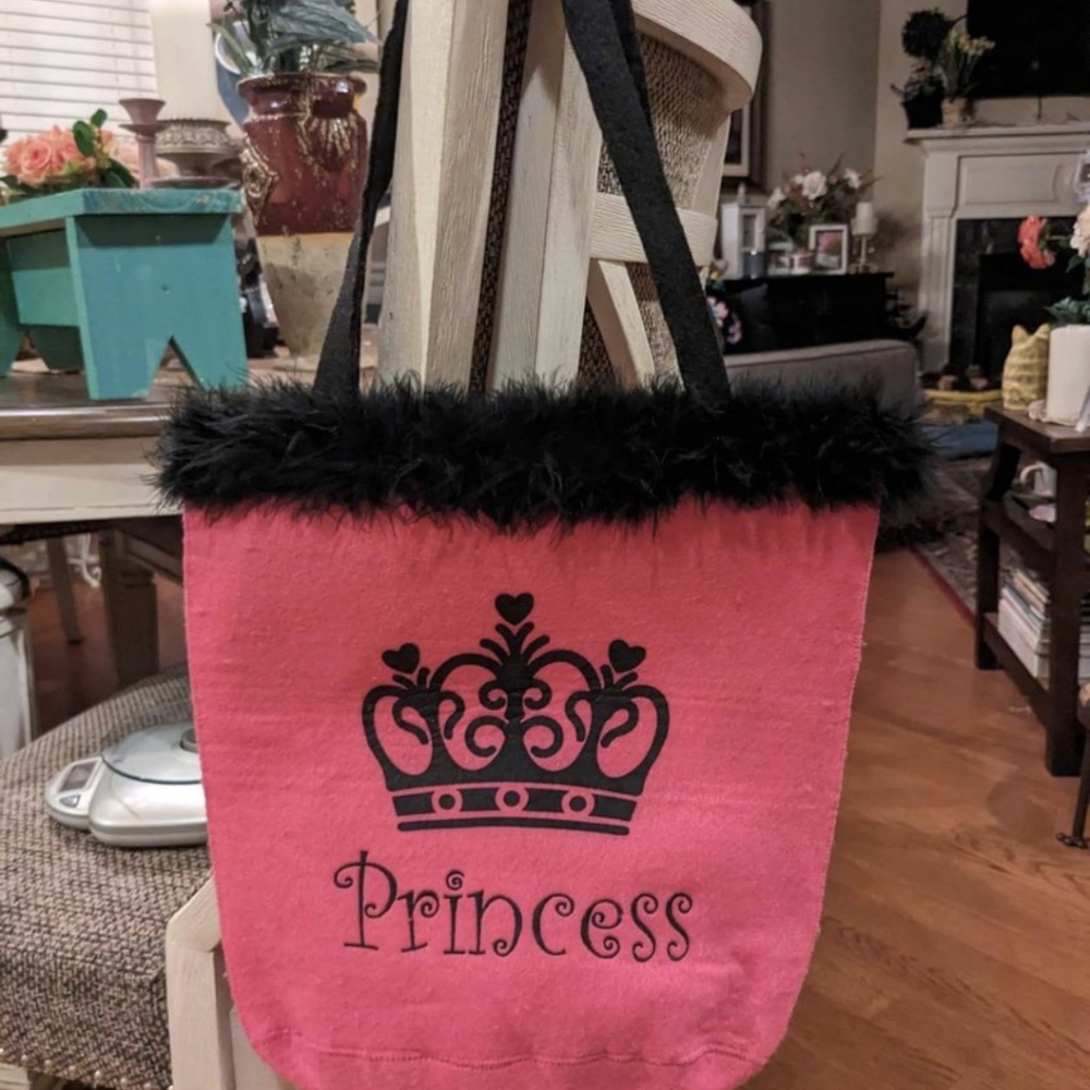 Cute Dark Pink Fabric(Felt?)Bag W/Black Straps & Super Soft Black Fur All Around